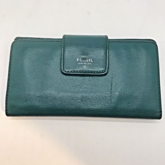 Fossil  Pebbled Leather Wallet Teal Green Bi-fold Zipper Pocket ID CC Cash Snaps - Picture 3 of 11